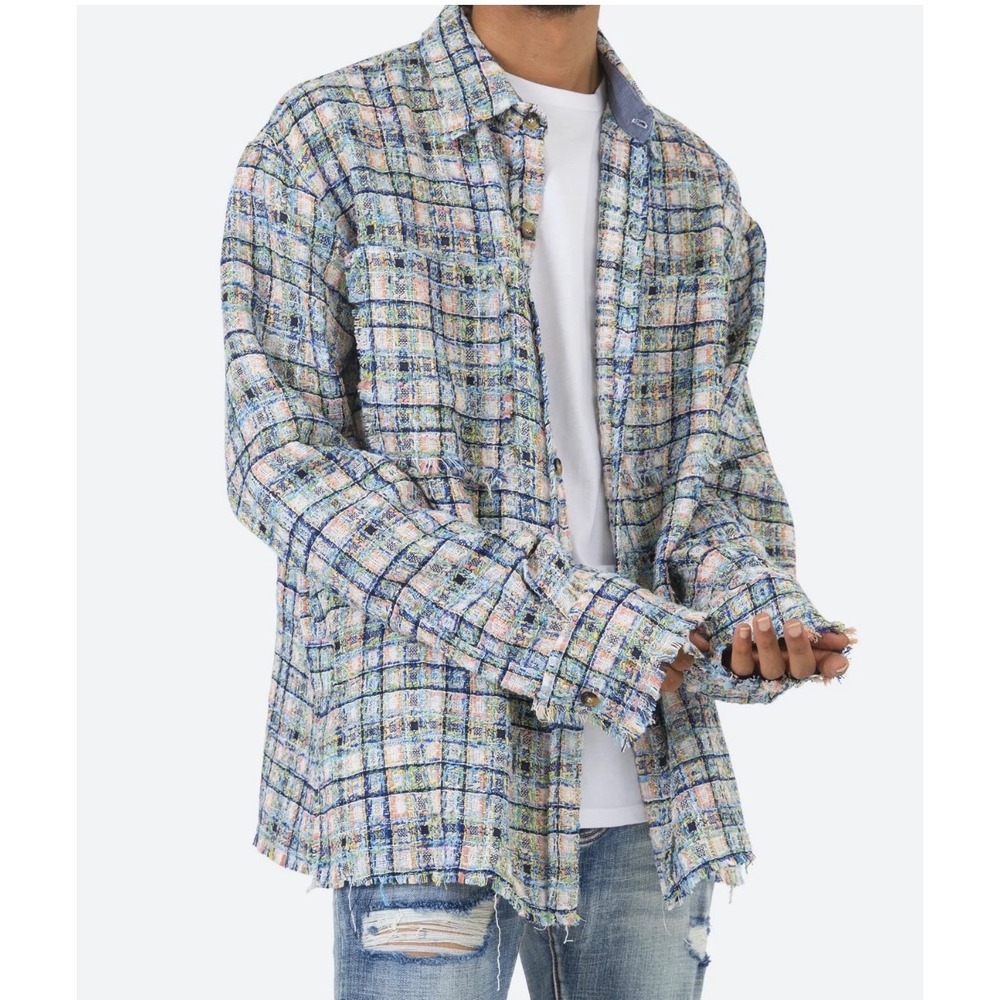 MNML Raw Edge Plaid Flannel M Oversized Button Down Shirt Casual Edgy Boucle